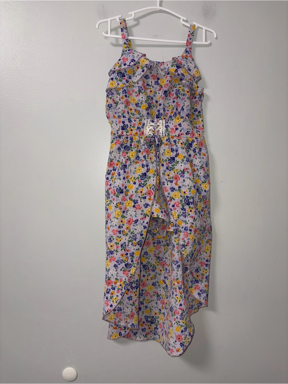 2 Hearts Blue & Yellow Floral Sleeveless High Low Shorts Ruffle Dress Girls 6